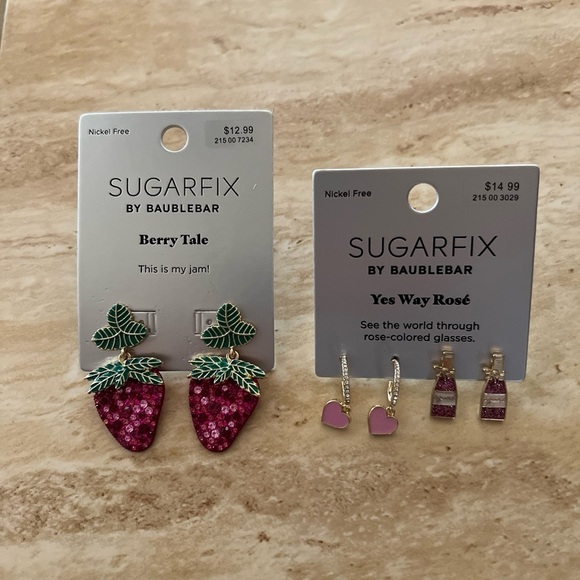 BaubleBar Jewelry - 3 Pair Earring Lot Sugarfix By Baublebar Strawberry Dangle Rose Heart Duo‎